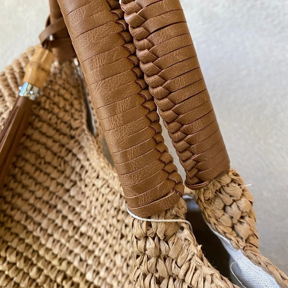 Tommy Bahama Colorblock Woven Straw Tote Bag Tan Coastal Resort Vacation NWT - Picture 9 of 11